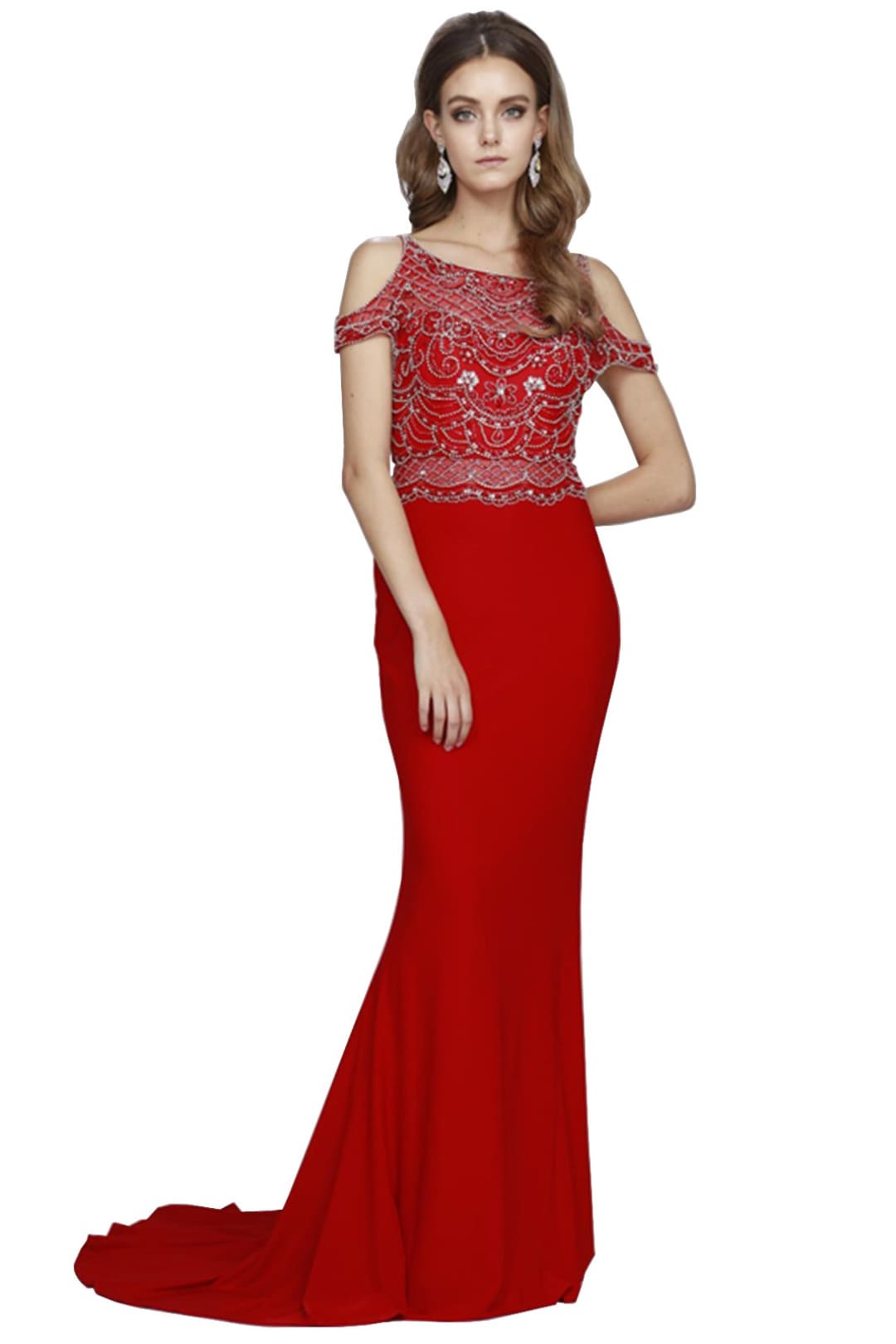 LA Merchandise LAT660 Detailed Cold Shoulder Red Long Prom Dress - Red - LA Merchandise