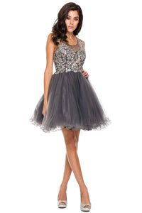 LA Merchandise LAT749 Beaded Hoco Party Cocktail Dress - CHARCOAL - Formal Dress Shops
