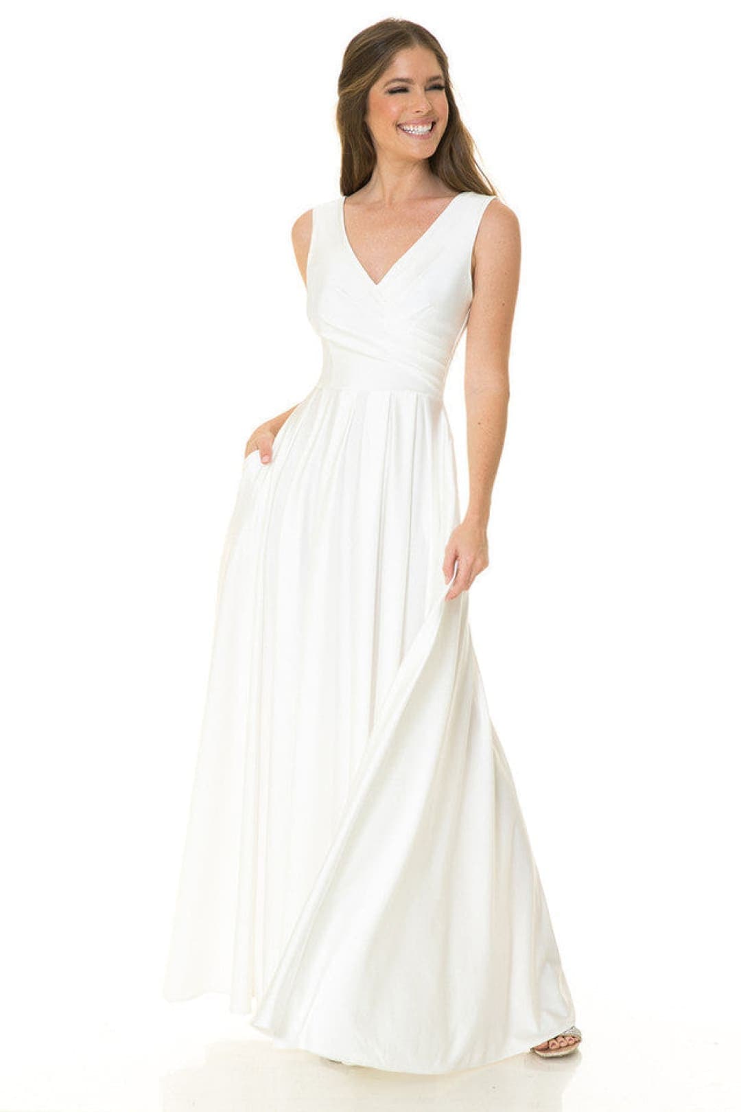 LA Merchandise LN5242B V-neck Stretchy Ivory Bridal Evening Gown - IVORY - LA Merchandise