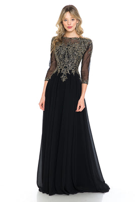 La Merchandise LN8171 Classy Embroidered Modest Long Sleeve MOB Gown - BLACK - LA Merchandise