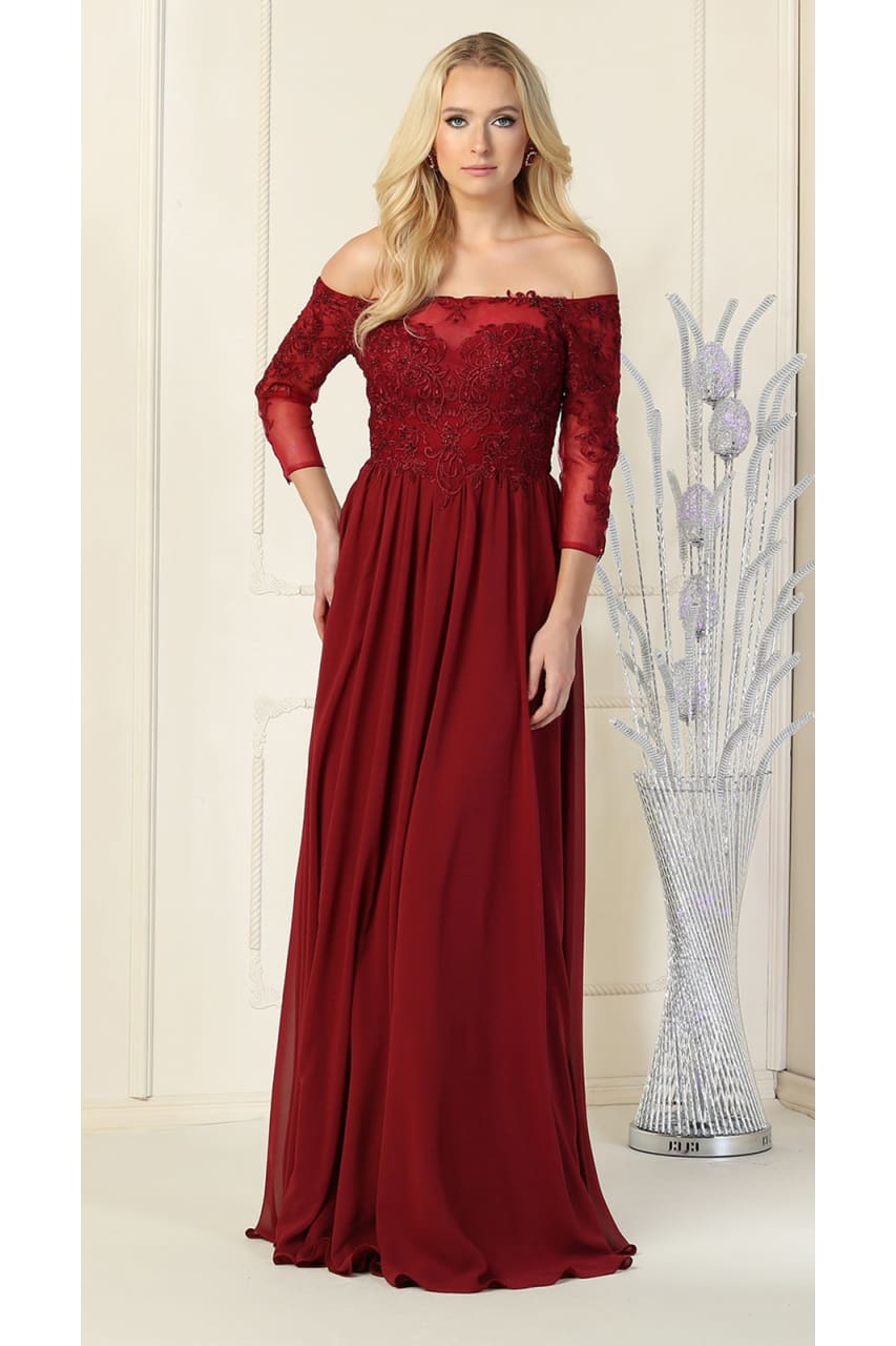La Merchandise LA1853 Formal Off Shoulder Long Mother of Bride Dress - BURGUNDY - LA Merchandise