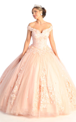 La Merchandise LA160 Floral Applique Off Shoulder Glitter Ball Gown - BLUSH NUDE - LA Merchandise
