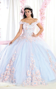 La Merchandise LA160 Floral Applique Off Shoulder Glitter Ball Gown - PINK BABY BLUE - LA Merchandise