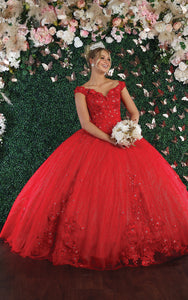 La Merchandise LA160 Floral Applique Off Shoulder Glitter Ball Gown - RED - LA Merchandise