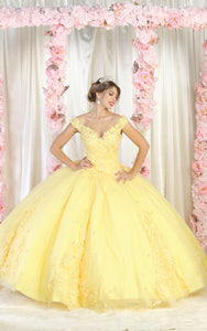 La Merchandise LA160 Floral Applique Off Shoulder Glitter Ball Gown - YELLOW - LA Merchandise