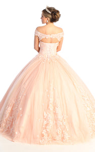 La Merchandise LA160 Floral Applique Off Shoulder Glitter Ball Gown - - LA Merchandise