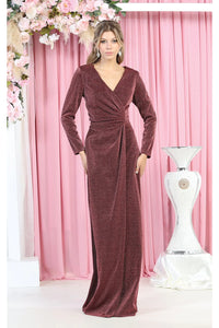 La Merchandise LA1924 Long Sleeve Bodycon V-Neck Evening Dress - BURGUNDY - Dress LA Merchandise