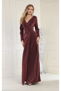 La Merchandise LA1924 Long Sleeve Bodycon V-Neck Evening Dress - EGGPLANT - Dress LA Merchandise