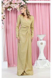 La Merchandise LA1924 Long Sleeve Bodycon V-Neck Evening Dress - GOLD - Dress LA Merchandise