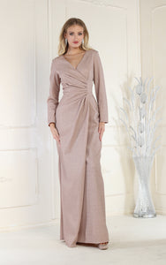 La Merchandise LA1924 Long Sleeve Bodycon V-Neck Evening Dress - ROSE GOLD - Dress LA Merchandise