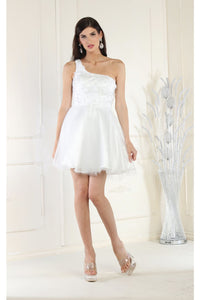 La Merchandise LA1937 Asymmetrical Neckline Short Graduation Dress - WHITE - LA Merchandise