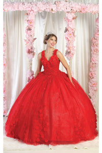 La Merchandise LA195 Sleeveless V Neck Corset Floral Ball Gown - RED - LA Merchandise