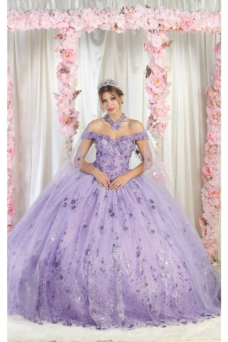 La Merchandise LA202 Off Shoulder 3D Floral Applique Gown with Cape ...