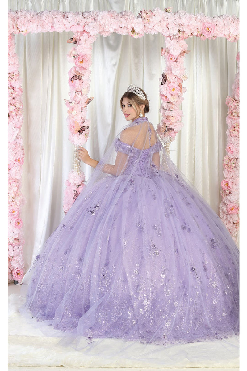 La Merchandise LA202 Off Shoulder 3D Floral Applique Gown with Cape ...