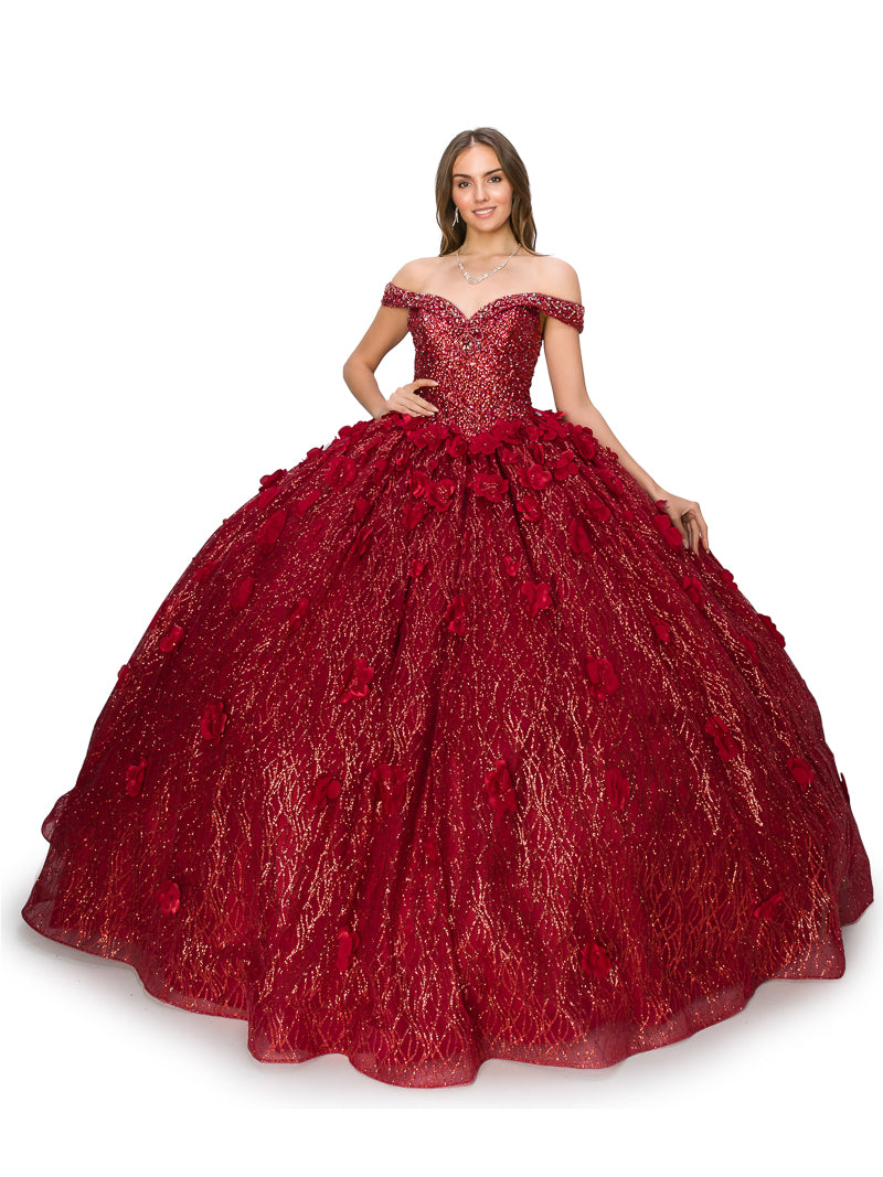 La Merchandise LA2CP3209 Shimmering Floral Ball Gown - BURGUNDY - LA Merchandise