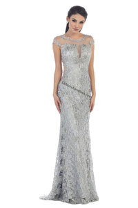 La Merchandise LA7295 Long Lace Cap Sleeve Mother of Bride Formal Gown - Silver 18 - LA Merchandise
