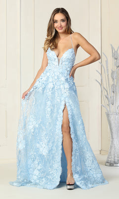 La Merchandise LA7738 Sexy Open Back floral dress with high front slit - Baby Blue - LA Merchandise