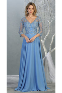 La Merchandise LA7820 3/4 Sleeve V-Neck Mother of Bride Evening Gown - PERRY BLUE - LA Merchandise