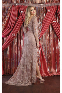 La Merchandise LA7972 Long Sleeve Slit Glitter Gown - - Dress LA Merchandise