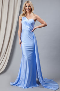 La Merchandise LAA387 One Shoulder Stretchy Side Cape Bridesmaids Dress - Baby Blue - LA Merchandise