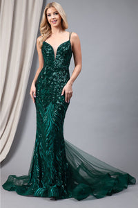 La Merchandise LAA7021 Detailed Spaghetti Strap Mermaid Prom Dress - Emerald Green - LA Merchandise