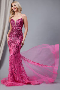 La Merchandise LAA7021 Detailed Spaghetti Strap Mermaid Prom Dress - Hot Pink - LA Merchandise