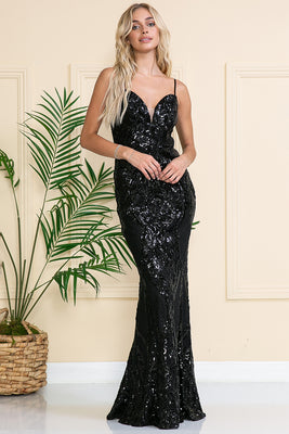 La Merchandise LAA791 Spaghetti Straps Long Sequin Prom Gown - Black - Dress LA Merchandise