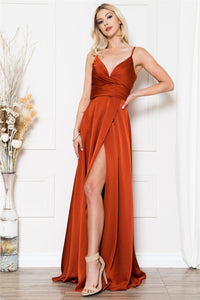 La Merchandise LAABZ012 Simple Long V-Neck Bridesmaid Dress with Slit - Burnt Orange - LA Merchandise