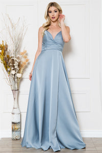 La Merchandise LAABZ012 Simple Long V-Neck Bridesmaid Dress with Slit - Vintage Blue - LA Merchandise