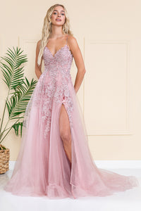 La Merchandise LAABZ014 Long Mesh Pageant Embroidered Formal Gown - ROSE - LA Merchandise