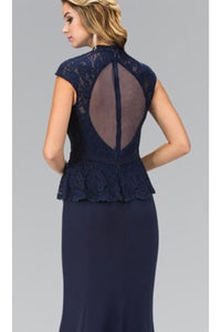La Merchandise LAS1421 Modest High Neck Cap Sleeve Peplum Long Dresses - - Dresses LA Merchandise