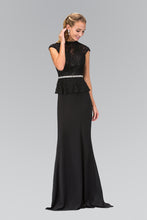 Load image into Gallery viewer, La Merchandise LAS1421 Modest High Neck Cap Sleeve Peplum Long Dresses - BLACK - Dresses LA Merchandise