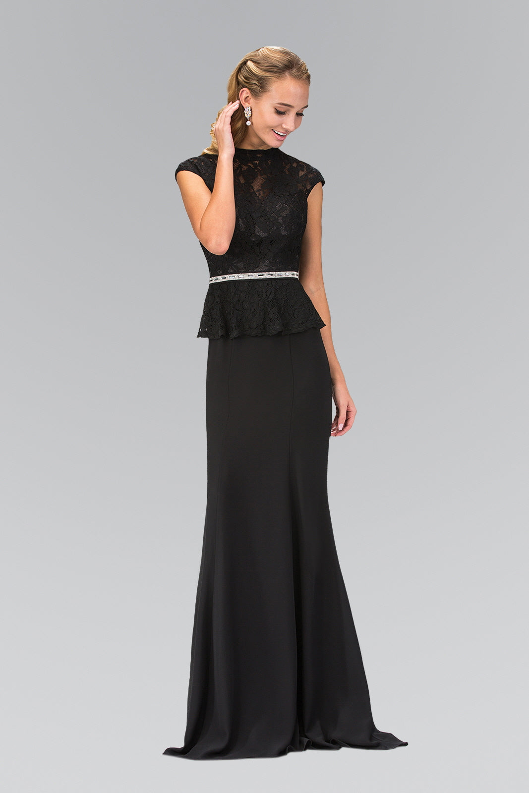 La Merchandise LAS1421 Modest High Neck Cap Sleeve Peplum Long Dresses - BLACK - Dresses LA Merchandise