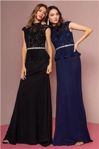La Merchandise LAS1421 Modest High Neck Cap Sleeve Peplum Long Dresses - NAVY - Dresses LA Merchandise