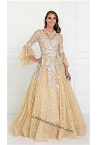 La Merchandise LAS1592 Vintage Pearl Long Sleeve Lace A-Line Long Gown - CHAMPAGNE - LA Merchandise