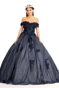 La Merchandise LAS1971 Off Shoulder 3D Floral Quince Ball Gown - NAVY - LA Merchandise