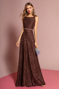 La Merchandise LAS2170 Round Neck Long Lace Open Back Bridesmaid Dress - BROWN - LA Merchandise