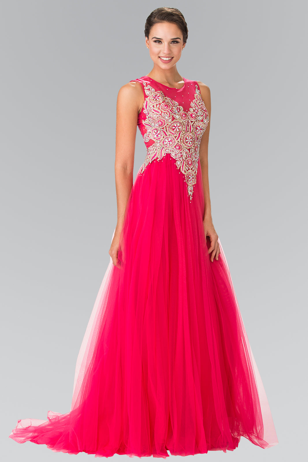 La Merchandise LAS2317 Sleeveless Embroidered Tulle Long MOB Dress - FUCHSIA - LA Merchandise