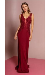 La Merchandise LAS2614 Sleeveless Lace Jersey Long Evening Dress - BURGUNDY - LA Merchandise