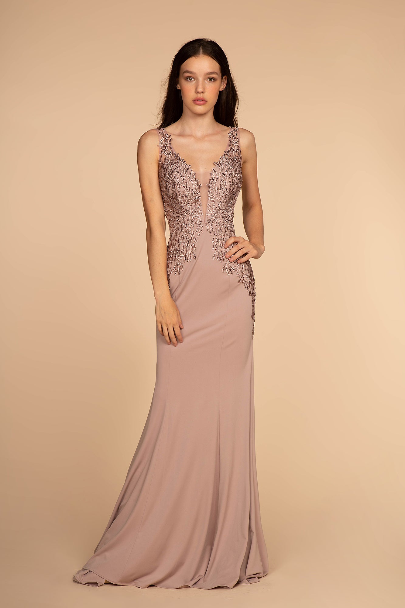 La Merchandise LAS2614 Sleeveless Lace Jersey Long Evening Dress - MAUVE - LA Merchandise