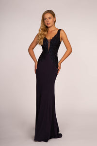La Merchandise LAS2614 Sleeveless Lace Jersey Long Evening Dress - NAVY - LA Merchandise