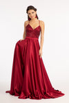 Load image into Gallery viewer, La Merchandise LAS3040 Satin Open Back V-Neck Long Formal Prom Dress - BURGUNDY - LA Merchandise