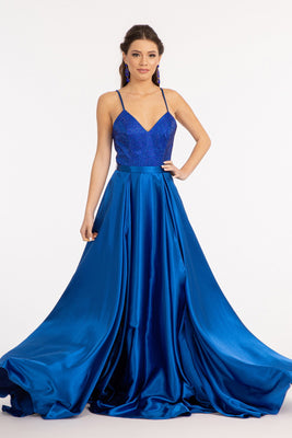 La Merchandise LAS3040 Satin Open Back V-Neck Long Formal Prom Dress - ROYAL - LA Merchandise