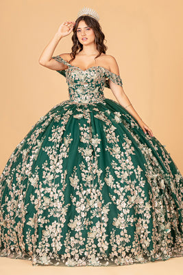 La Merchandise LAS3077 3-D Butterfly Off Shoulder Quince Corset Dress - GREEN - LA Merchandise