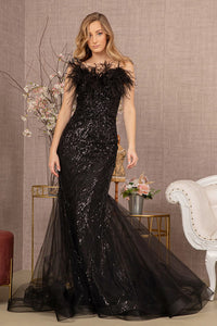 La Merchandise LAS3117 Embellished Feather Evening Gown - BLACK - LA Merchandise