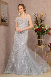 La Merchandise LAS3117 Embellished Feather Evening Gown - SILVER - LA Merchandise