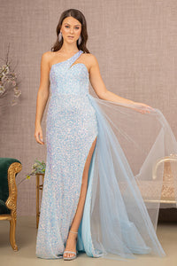 La Merchandise LAS3133 Sequin Glitter Asymmetric Long Dress - BABY BLUE - LA Merchandise
