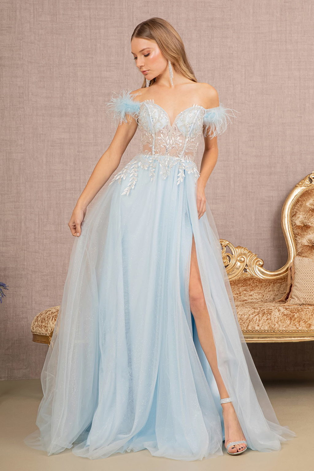 La Merchandise LAS3135 Off Shoulder Sheer A-line Dress - BABY BLUE - LA Merchandise