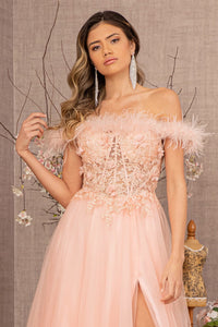 La Merchandise LAS3138 Feather A-line Embroidered Gown - - LA Merchandise