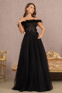 La Merchandise LAS3138 Feather A-line Embroidered Gown - BLACK - LA Merchandise
